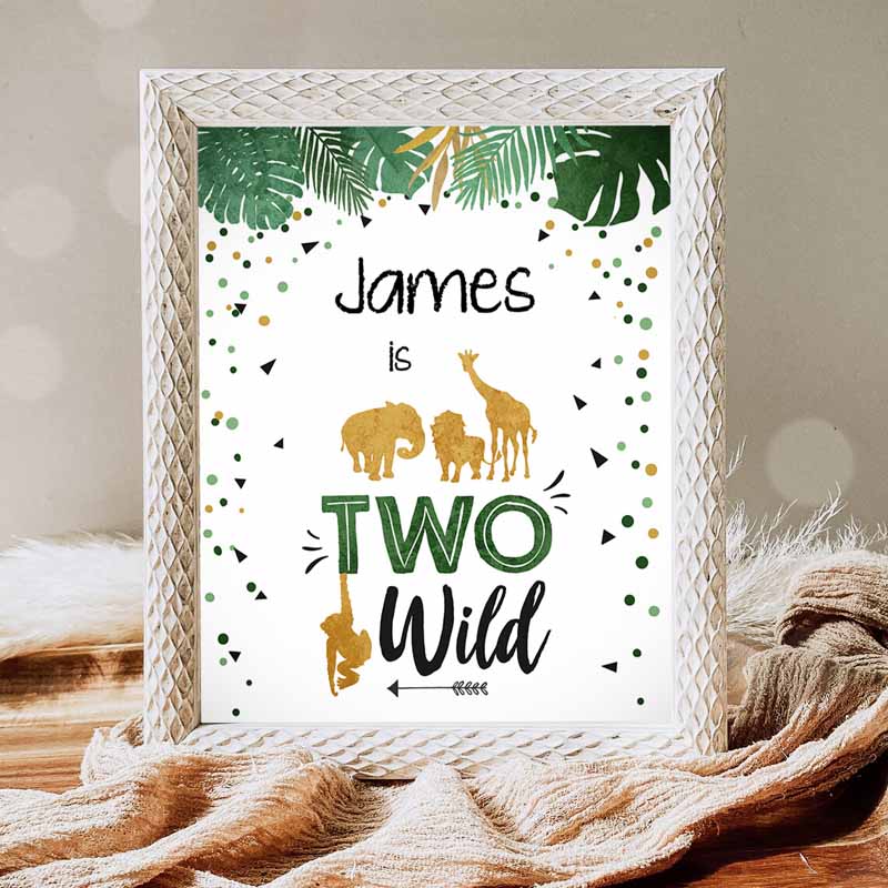 Two Wild Kids Birthday, Safari Animals Zoo Jungle Party, Green Gold Black Boy