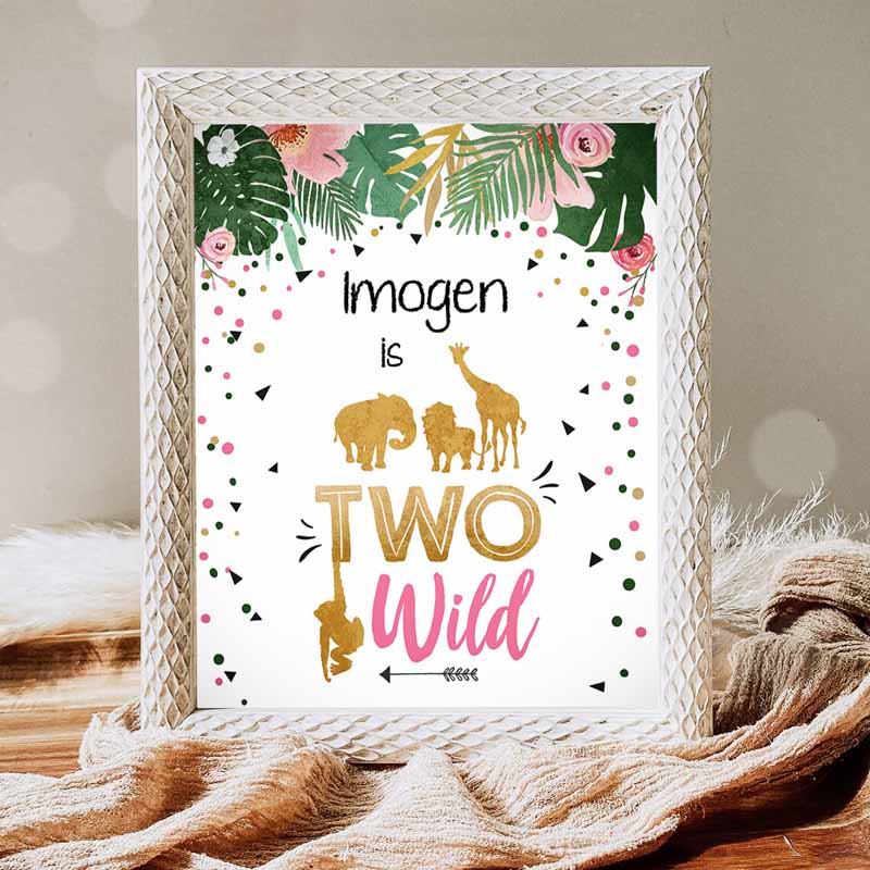 Two Wild Kids Birthday, Safari Animals Zoo Jungle Party, Pink Gold Girl Wild Animals