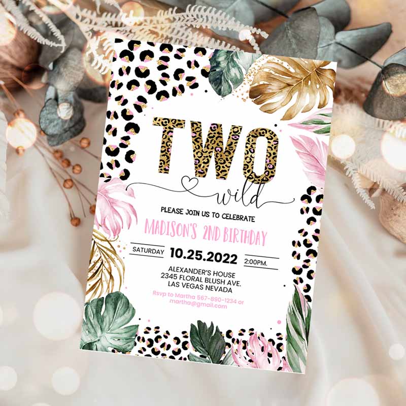 Two Wild Leopard Print Jungle Kids Birthday, Leopard Print Invite Born Two Wild