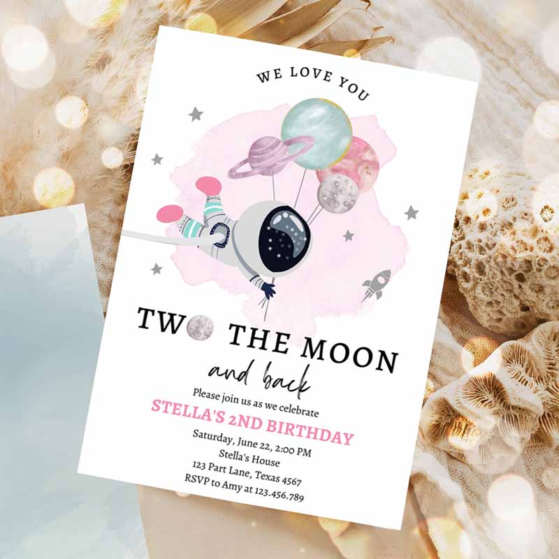 Two The Moon Outer Space Kids Birthday Invitation, Out of This World Astronaut Blue Silver Girl Second