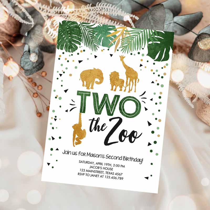 Two The Zoo Kids Birthday Invitation, Safari Animals Party, Jungle Boy Second Kids Birthday, Two Wild Gold