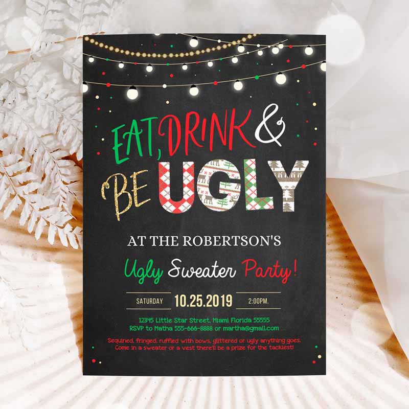 Ugly Sweater Party Invitation, Rustic Christmas Ugly Sweater Invitation, Eat Drink And Be Ugly Sweater Party