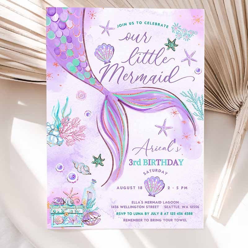 Under The Sea Purple Teal Little Mermaid Kids Birthday Invitation