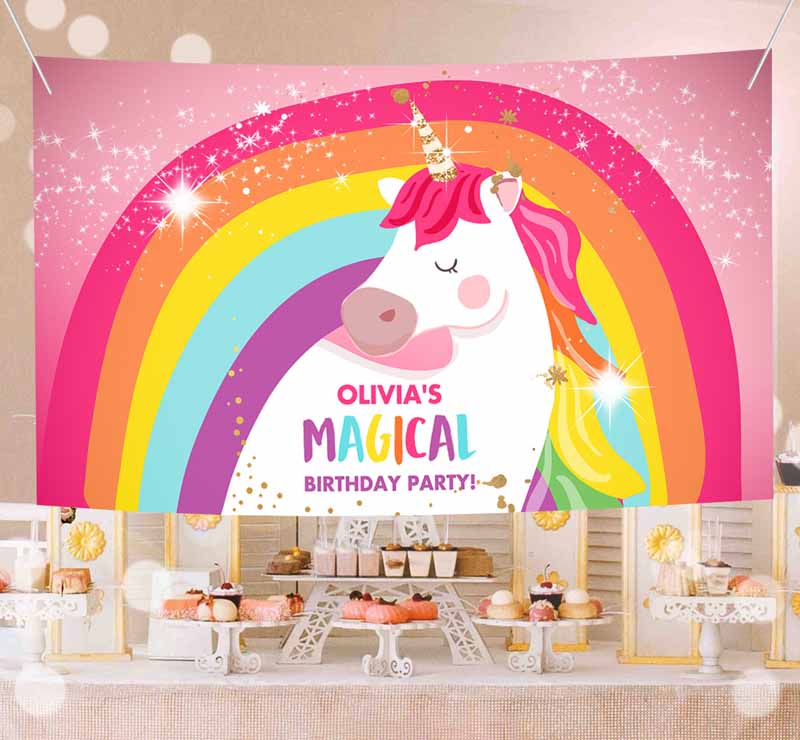 Unicorn Backdrop Banner, Pink Unicorn Kids Birthday, Girl Magical Unicorn Partys Rainbow