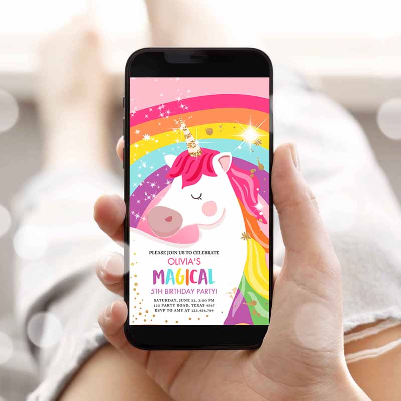 Unicorn Kids Birthday, Evite Magical Unicorn Party, Girl Pink Gold Unicorn Invitation, Rainbow Phone