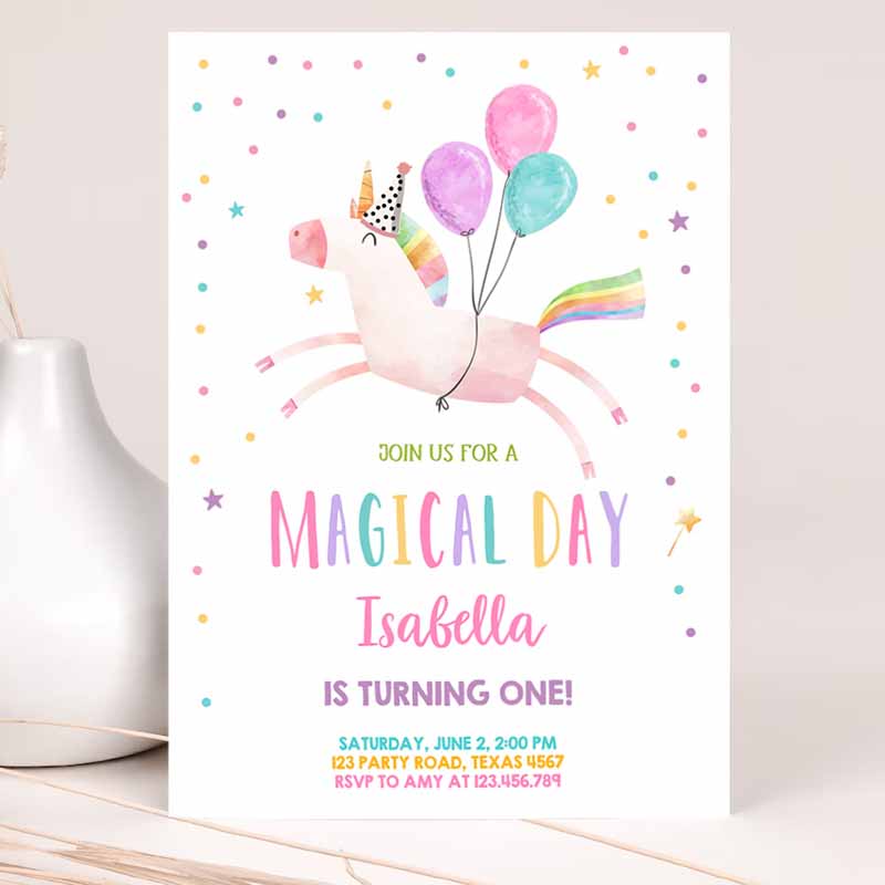 Unicorn Kids Birthday Invitation Party, Girl Pink First Kids Birthday, Invite Rainbow