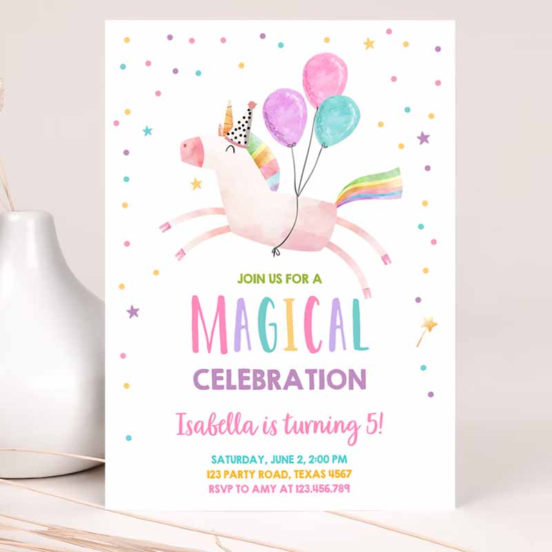 Unicorn Kids Birthday Invitation Party, Invite Girl Pink First Kids Birthday