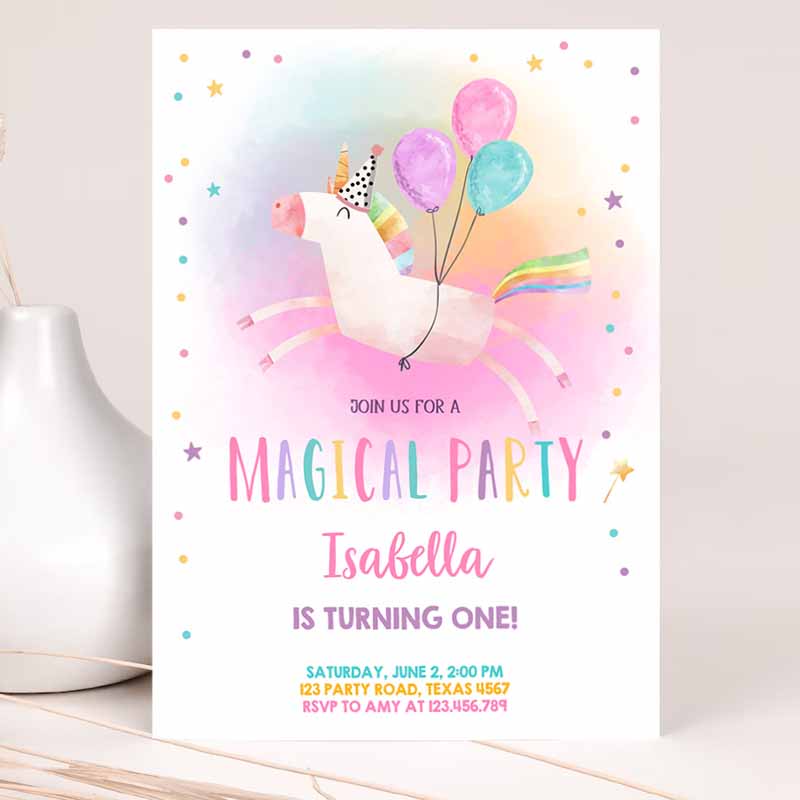 Unicorn Kids Birthday Invitation Party, Invite Girl Pink First Kids Birthday