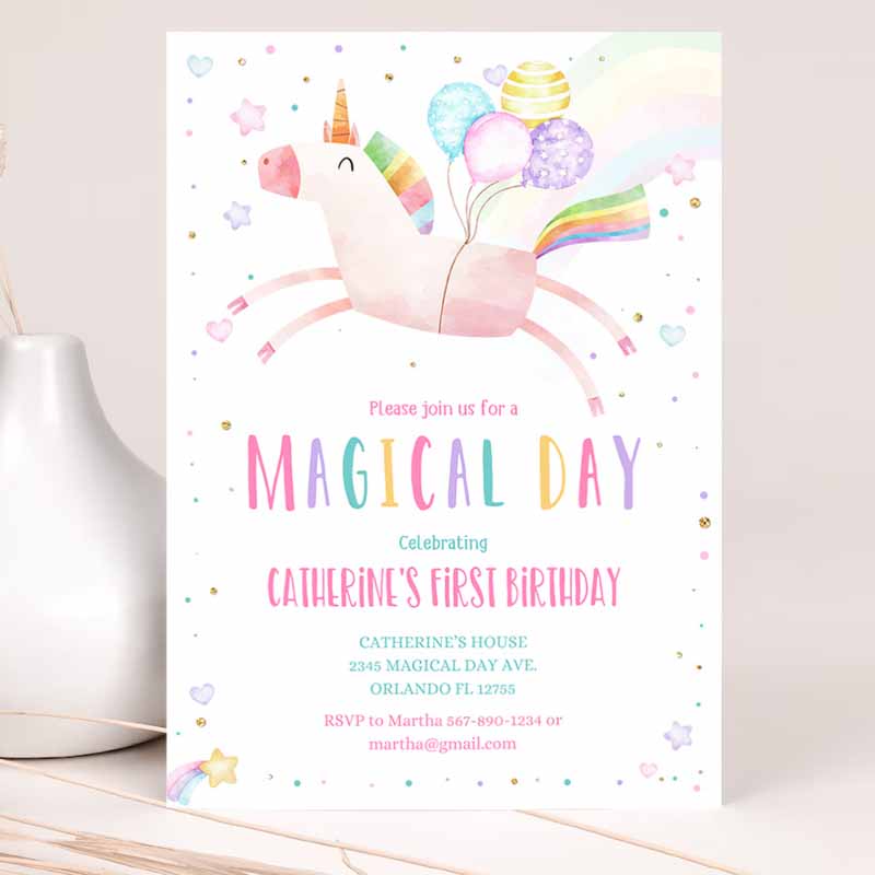 Unicorn Kids Birthday Invitation Party, Invite Girl Pink First Kids Birthday, Invite Reainbow