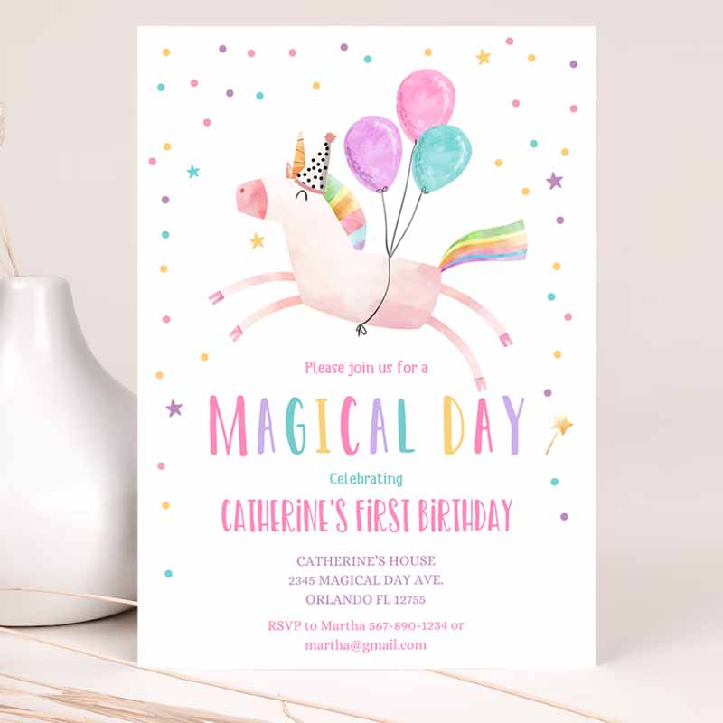 Unicorn Kids Birthday Invitation Party, Invite Girl Pink First Kids Birthday Party, Invite Rainbow Invitation