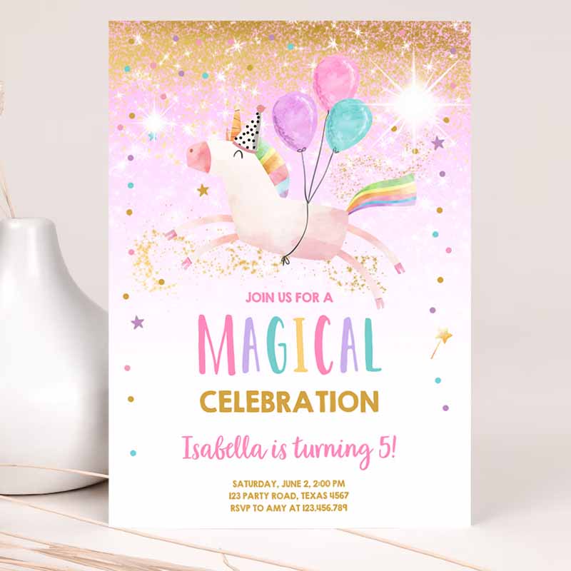 Unicorn Kids Birthday Invitation Party, Invite Girl Pink Gold Kids Birthday, Invite Rainbow