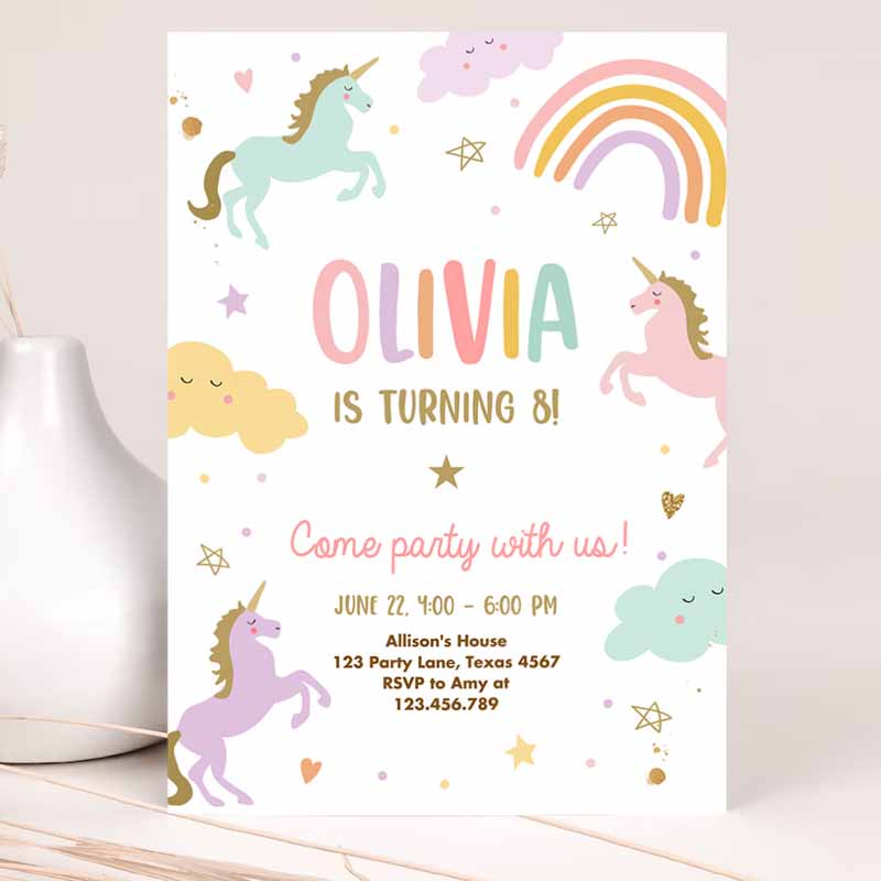 Unicorn Kids Birthday Invitation Party, Invite Girl Pink Pastel First Unicorn Party