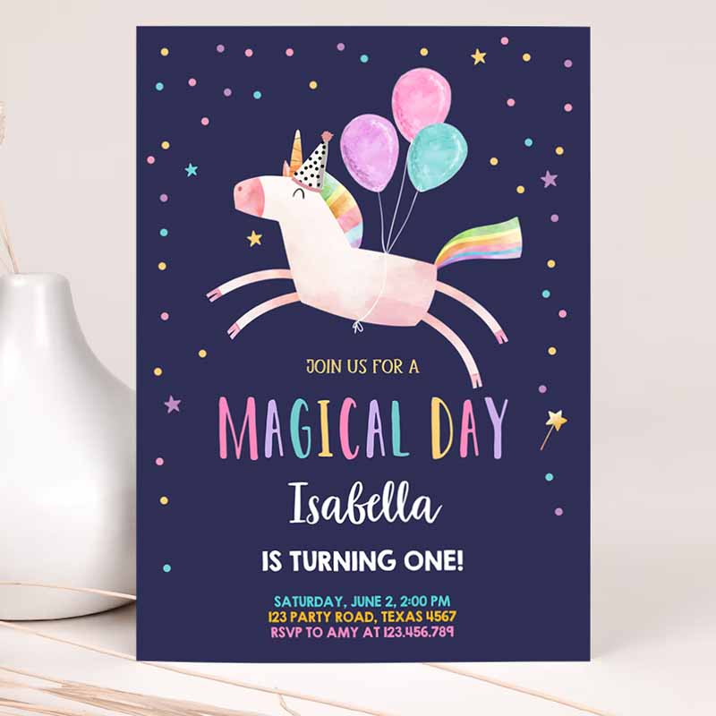 Unicorn Kids Birthday Invitation Party, Night Invite Girl Pink First Kids Birthday, Invite Reainbow