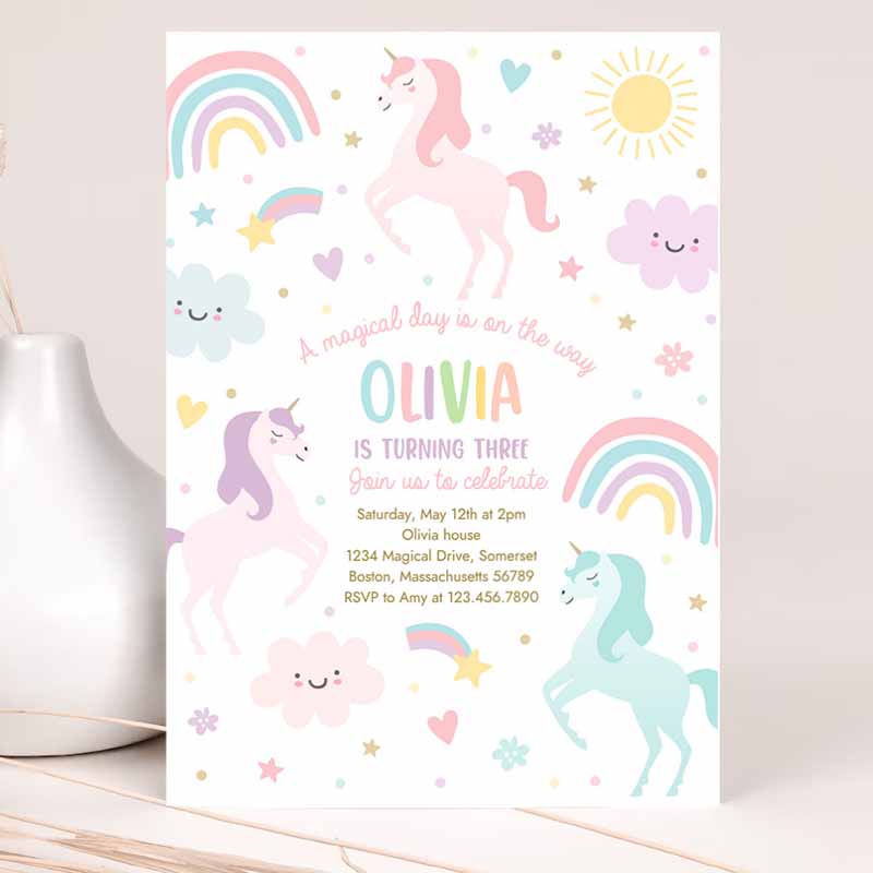 Unicorn Kids Birthday Invitation Pastel Rainbow Unicorn Kids Birthday Party, Whimsical Fairytale Unicorn Party