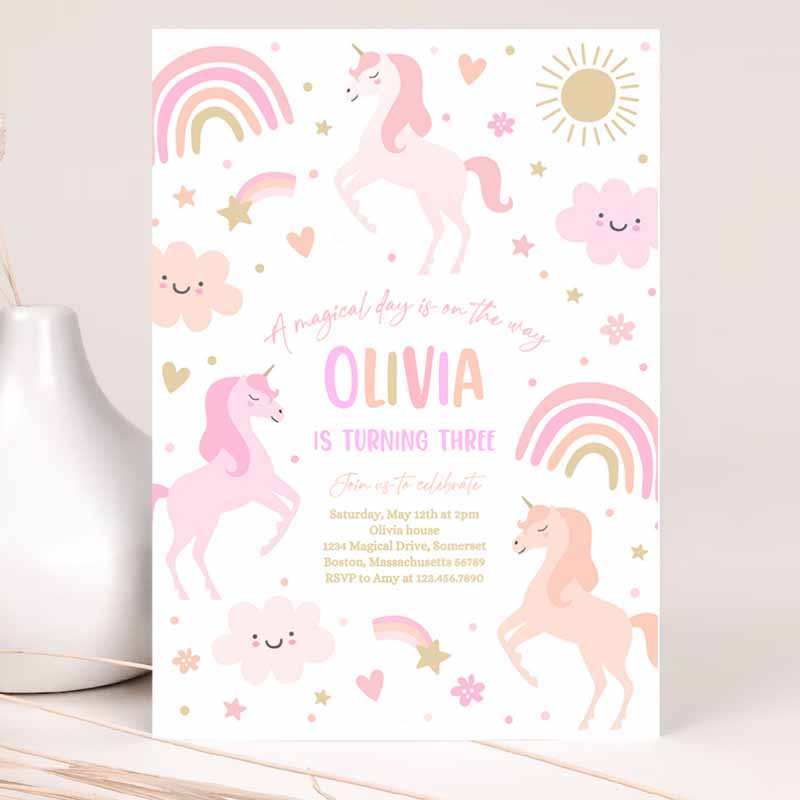 Unicorn Kids Birthday Invitation Pink Pastel Rainbow Unicorn Party, Whimsical Fairytale Unicorn Party