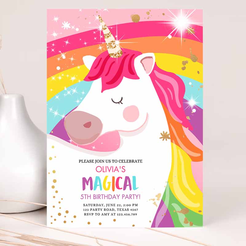 Unicorn Kids Birthday Invitation Unicorn Party, Girl Pink Gold Unicorn Invite Rainbow