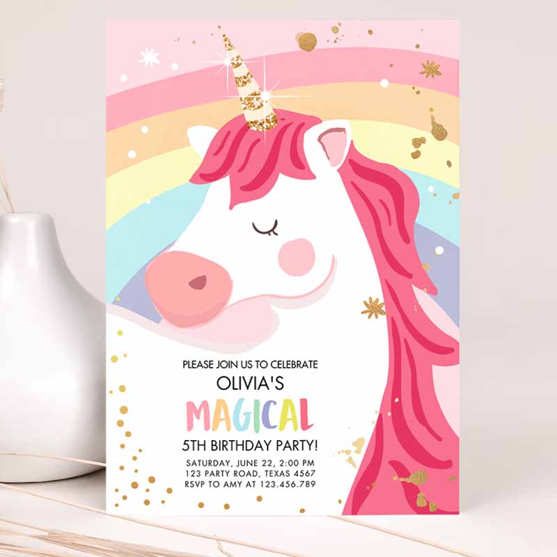 Unicorn Kids Birthday Invitation, Unicorn Party, Girl Pink Gold Magical Unicorn Invite Rainbow