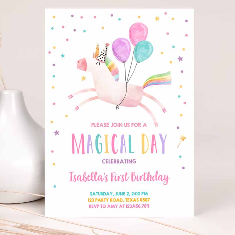 Unicorn Kids Birthday Party, Invite Girl Pink First Kids Birthday, Invite Rainbow