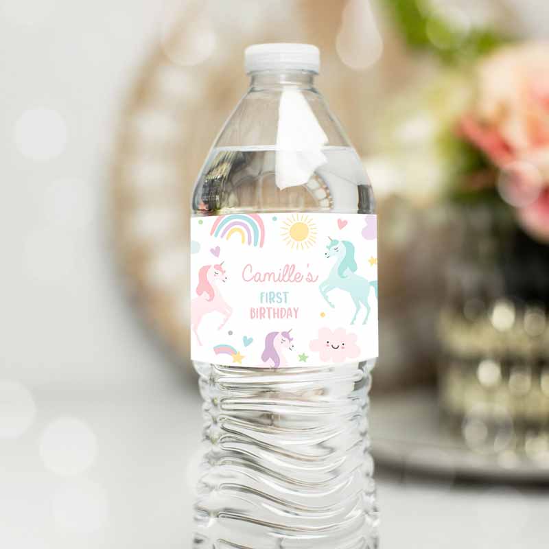 Unicorn Kids Birthday, Water Bottle Wraps Magical Pastel Rainbow Unicorn Party, Whimsical Fairytale Unicorn Party