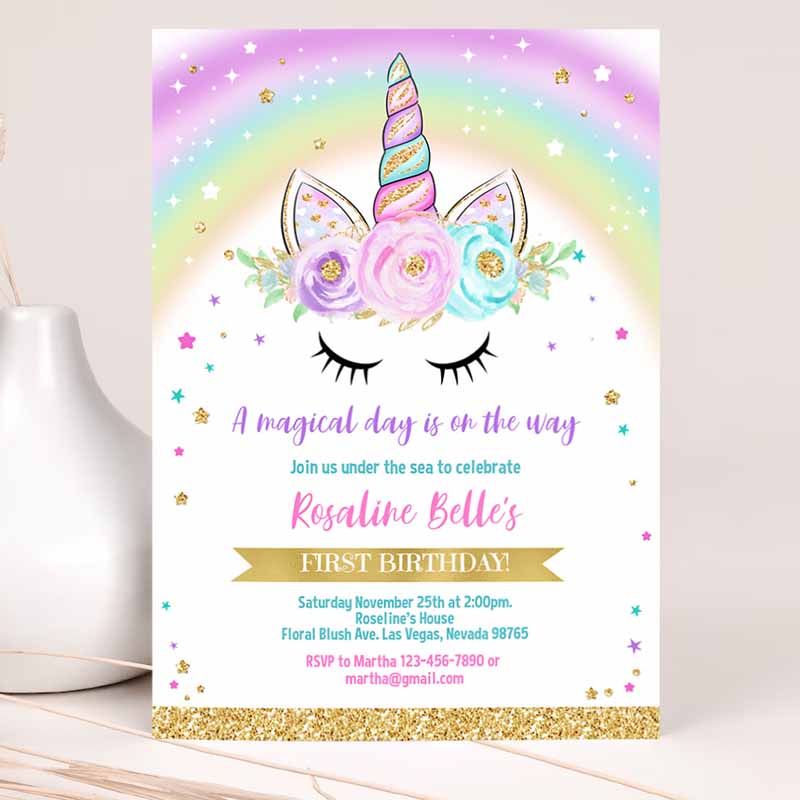 Unicorn Invitation, Rainbow Unicorn invite, Unicorn Party, Unicorn Kids Birthday Unicorn, Girl gold Party