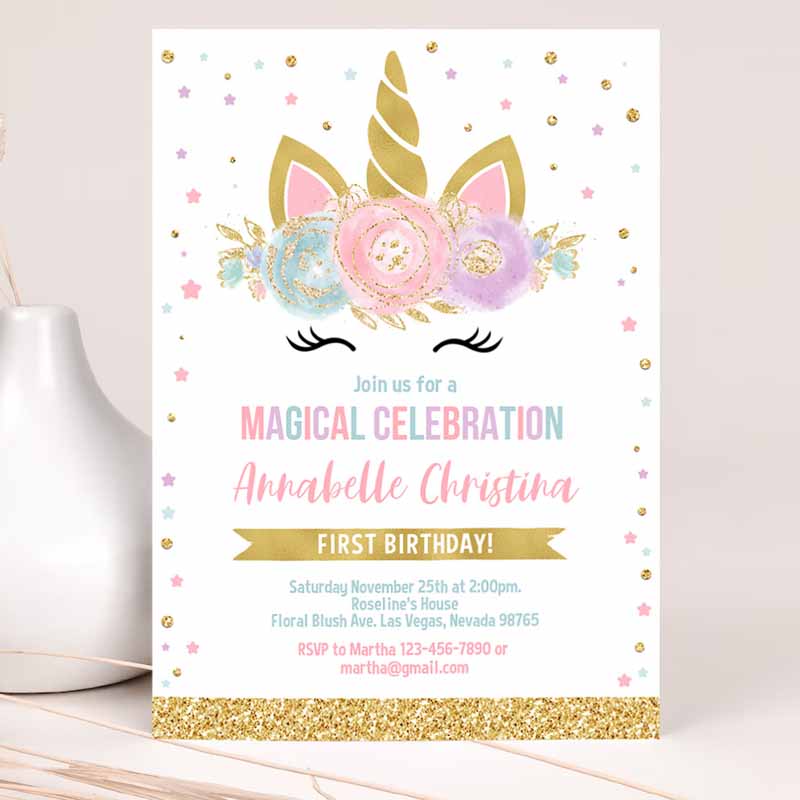 Unicorn Invitation, Unicorn Party, Unicorn Kids Birthday Invitation Unicorn Invite, Girl gold