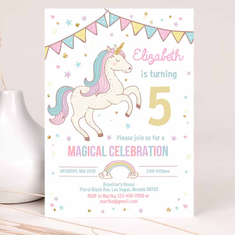 Unicorn Invitation, Unicorn Party, Unicorn Kids Birthday Unicorn Invite, Girl Pastel gold