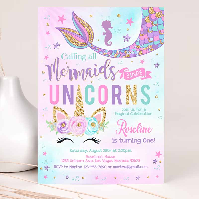 Unicorn Mermaid Kids Birthday Invitation, Mermaid invite, Unicorn Party Unicorn Party