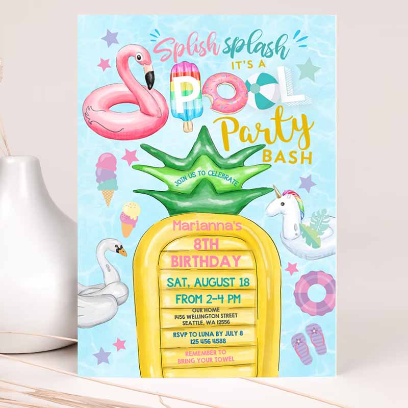 Unicorn Pool Party Invitation, Invite Flamingo Pineapple Pool Part Party, Teens Kids Birthday