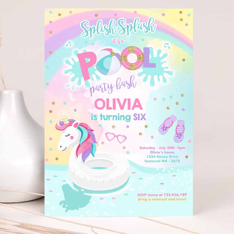 Unicorn Pool Party Invitation, Unicorn Pool Party, Kids Birthday Invitation, Unicorn Pool