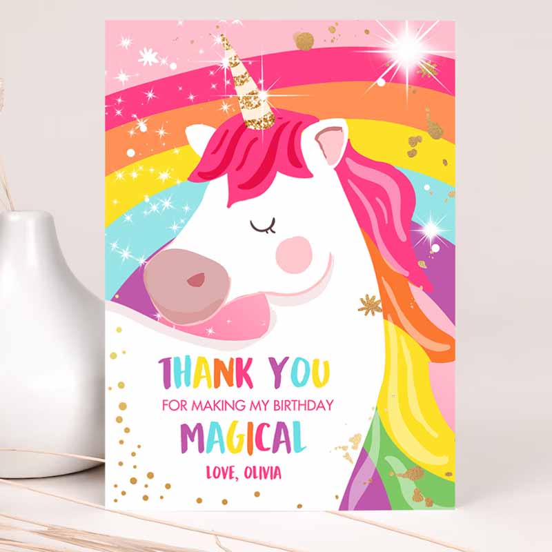 Unicorn Thank You Card Magical Kids Birthday Party, Rainbow Thank You Note Pink Gold Girl Unicorn