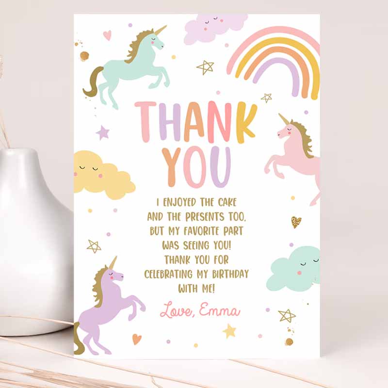 Unicorn Thank You Card Magical Party, Girl Pink Pastel First Unicorn Party, Rainbow