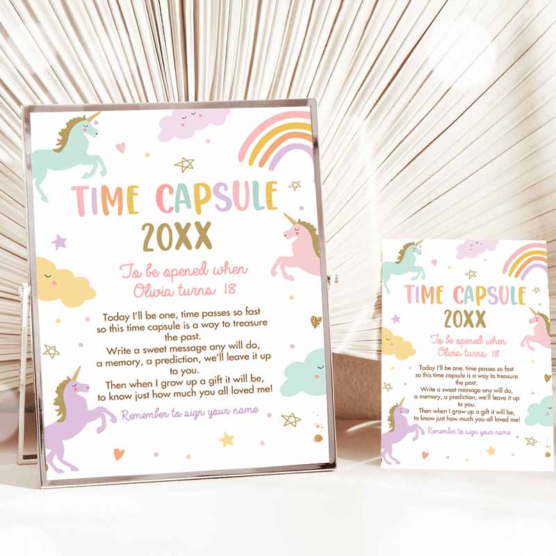 Unicorn Time Capsule First Kids Birthday Party, Unicorn Kids Birthday Party, Girl Pink Pastel Rainbow