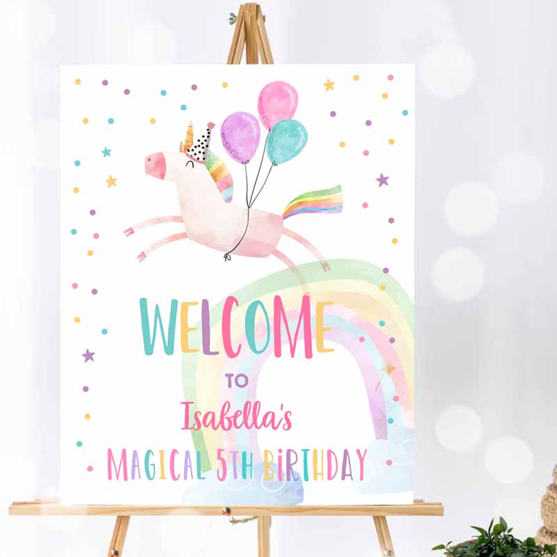 Unicorn Welcome Sign, Unicorn Kids Birthday, Door Sign, Rainbow Girl Magical Party, Poster Pink First