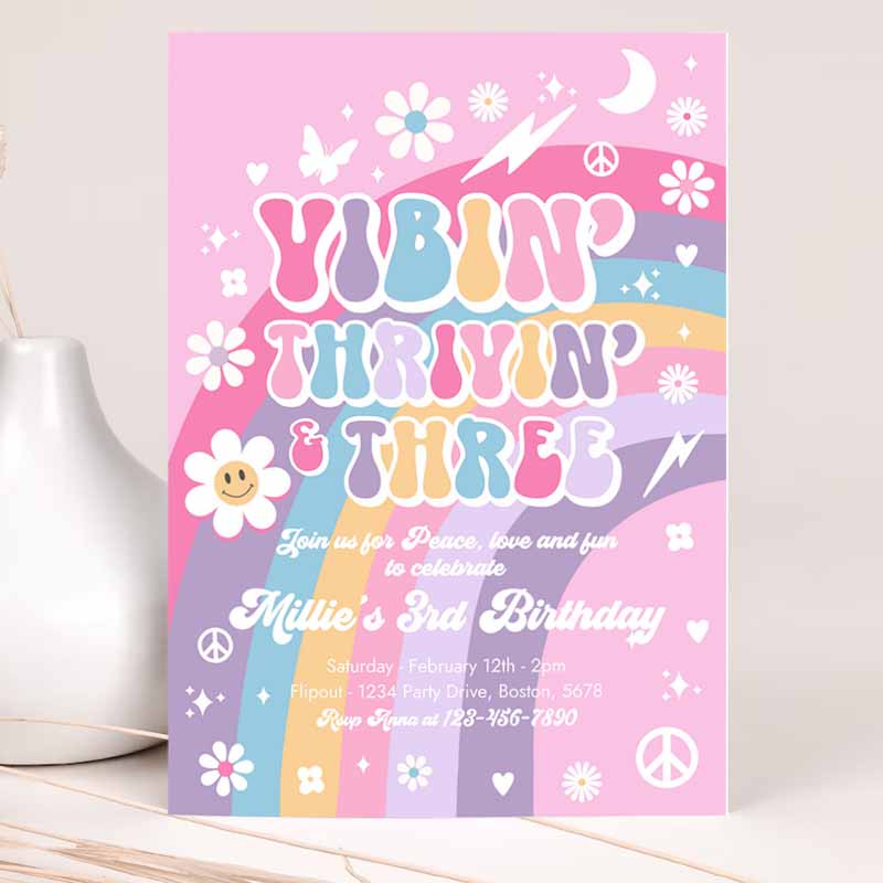 Vibin'rivin' and Three Kids Birthday Invitation, Pink Purple Blue Groovy Rainbow Party