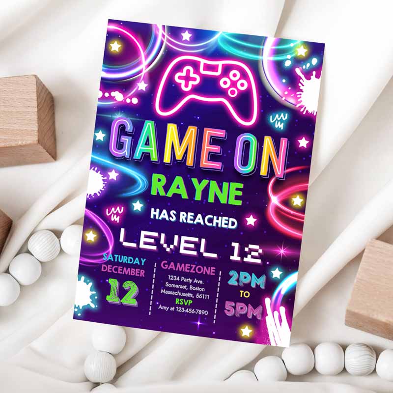 Video Game Kids Birthday Invitation, Gamer Girl Kids Birthday Party, Neon Game On Level Up Kids Birthday Party, Glow Gamer Party