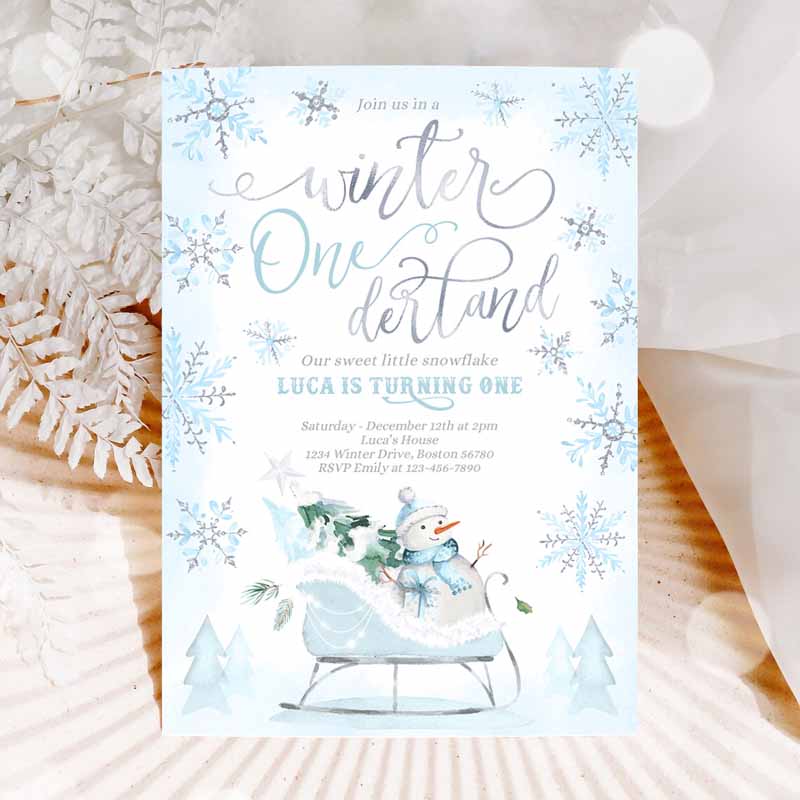 WINTER ONEderland Invitation, Blue Winter Sleigh Kids Birthday Invitation, Christmas Holiday Sleigh Kids Birthday Party