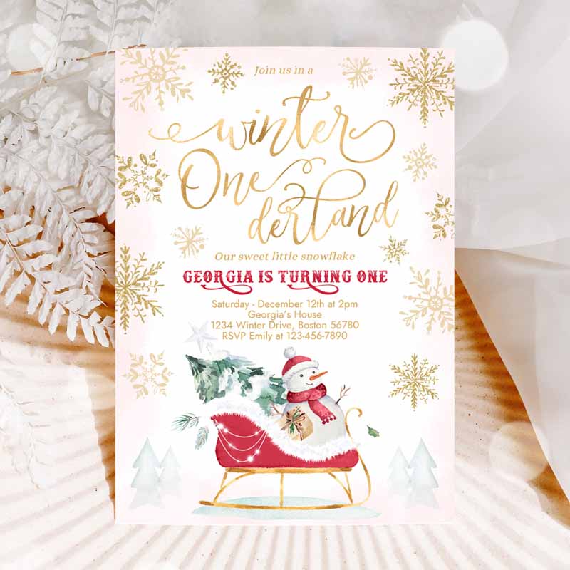 WINTER ONEderland Invitation, Red Winter Sleigh Kids Birthday Invitation, Christmas Holiday Sleigh Kids Birthday Party