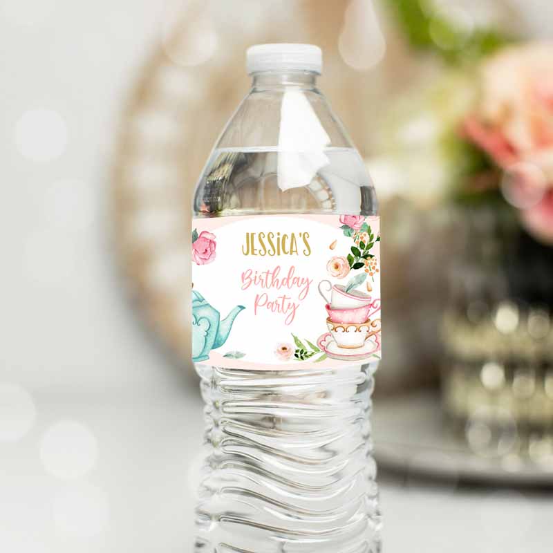 Water Bottle Label Tea Party, Girl Kids Birthday, Tea for Two Kids Birthday, Flowers Pink Gold Bottle Labels