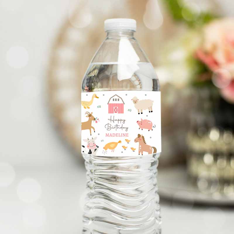 Water Bottle Labels Farm Animals Girl Kids Birthday, Pink Barnyard Farm Kids Birthday, Decor Cow Bottle Labels