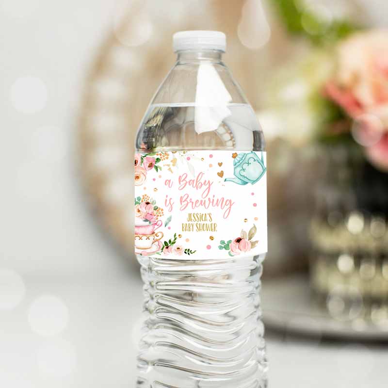 Water Bottle Labels Tea Baby Shower Girl A Baby is Brewing Flowers Pink Gold Tea Shower Bottle Labels