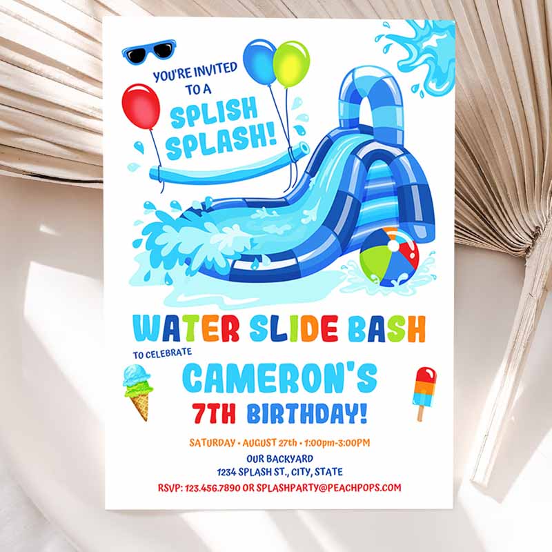 Water Slide Kids Birthday, Splash Party Invitation, Blue Waterslide Bash, Boy or Girl