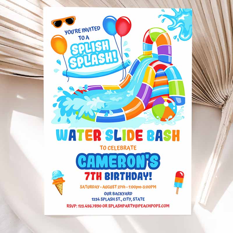 Water Slide Kids Birthday, Splash Party Invitation, Orange Red Blue Waterslide Bash Boy or Girl