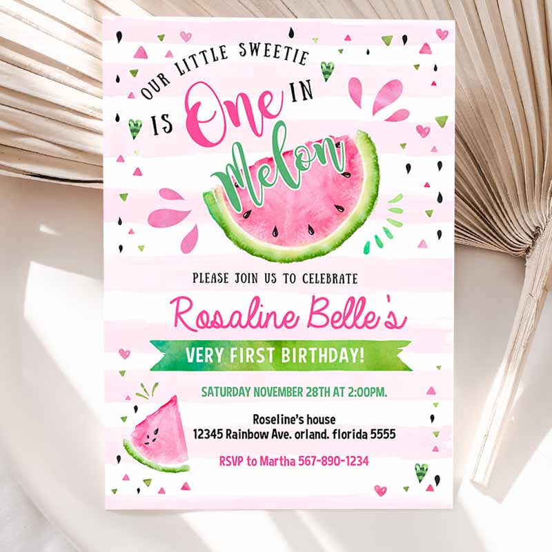 Watermelon Invitation, Pink Watermelon Party Invitation, One in a Melon, Kids Birthday Party