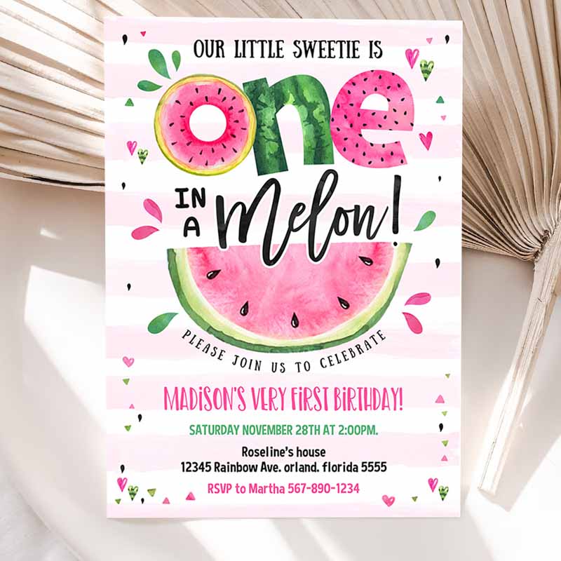 Watermelon Invitation, Pink Watermelon Party, One in a Melon Kids Birthday Party