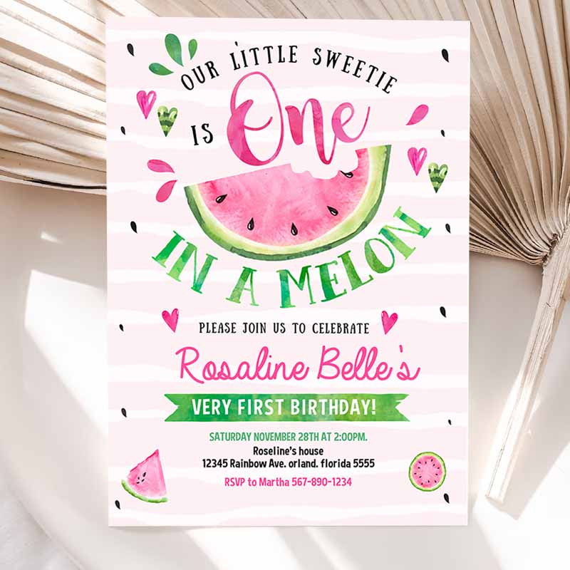 Watermelon Invitation, One in a Melon First Kids Birthday, Pink Watermelon Party