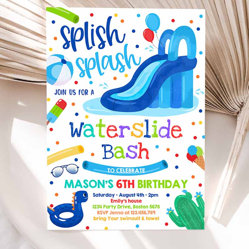 Waterslide Kids Birthday, Water Slide Bash Summer Pool Party, Boy Blue Pool Party, BBQ Pool Party