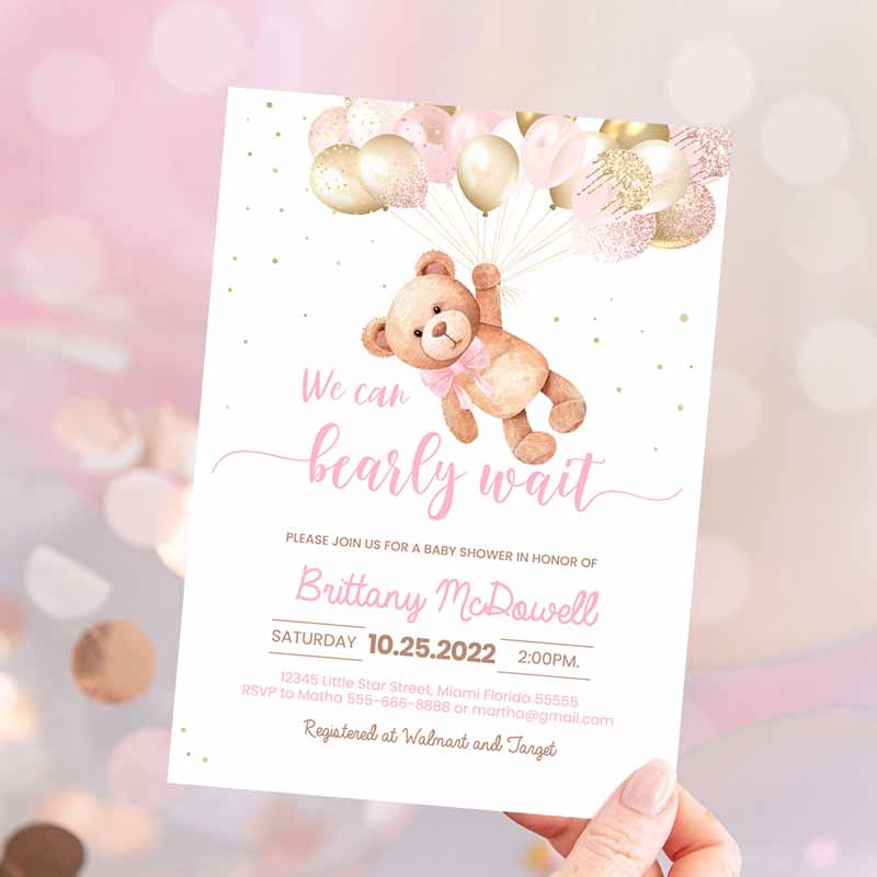 We Can Bearly Wait Baby Shower Invitation, Teddy Bear Hot Air Balloon Beareme Invitation