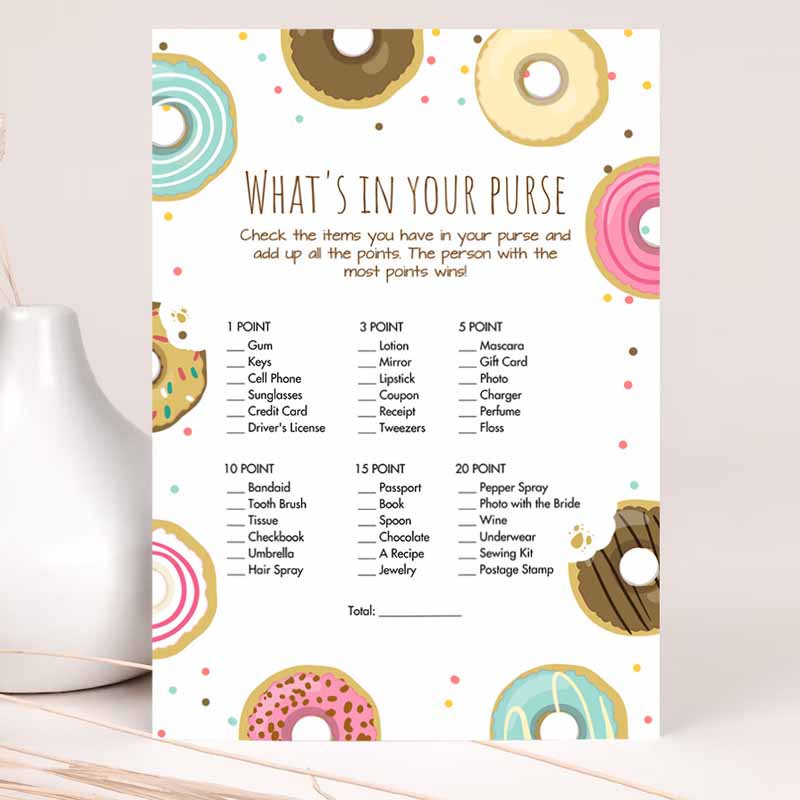 Whats in Your Purse Bridal Shower Game Donut Coed Shower Doughnut Mind if I Do Wedding Activity