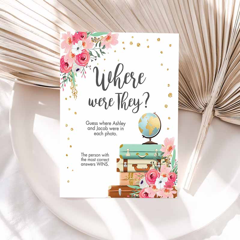 Where wereey Bridal Shower Game Wedding Shower Activity Floral Travel Adventure Bride and Groom