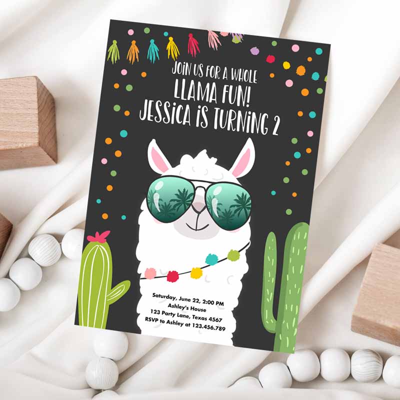 Whole Llama Fun Kids Birthday Invitation, Fiesta Llama Cactus Mexican Party, Chalk Confetti Girl Boy Alpaca